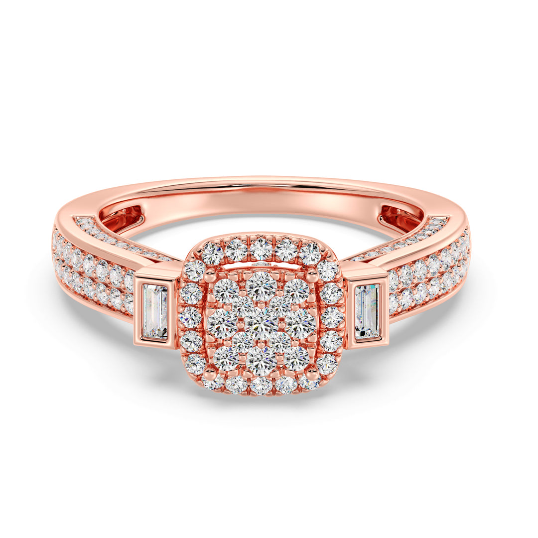 Close-up image of a 0.84 CTTW Round and Baguette EF-VS Lab-Grown Diamond Square Cluster Halo Engagement Ring in 18K Rose Gold. The dazzling diamonds are beautifully complemented by the romantic rose gold band.