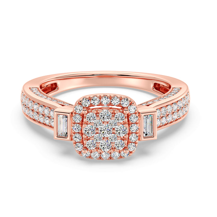 Close-up image of a 0.84 CTTW Round and Baguette EF-VS Lab-Grown Diamond Square Cluster Halo Engagement Ring in 18K Rose Gold. The dazzling diamonds are beautifully complemented by the romantic rose gold band.