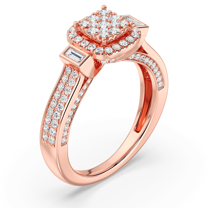 Close-up image of a 0.84 CTTW Round and Baguette EF-VS Lab-Grown Diamond Square Cluster Halo Engagement Ring in 18K Rose Gold. The dazzling diamonds are beautifully complemented by the romantic rose gold band.