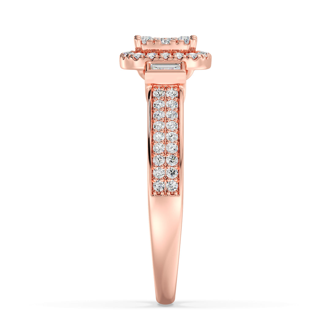 Close-up image of a 0.84 CTTW Round and Baguette EF-VS Lab-Grown Diamond Square Cluster Halo Engagement Ring in 18K Rose Gold. The dazzling diamonds are beautifully complemented by the romantic rose gold band.