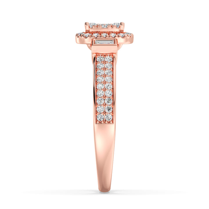 Close-up image of a 0.84 CTTW Round and Baguette EF-VS Lab-Grown Diamond Square Cluster Halo Engagement Ring in 18K Rose Gold. The dazzling diamonds are beautifully complemented by the romantic rose gold band.