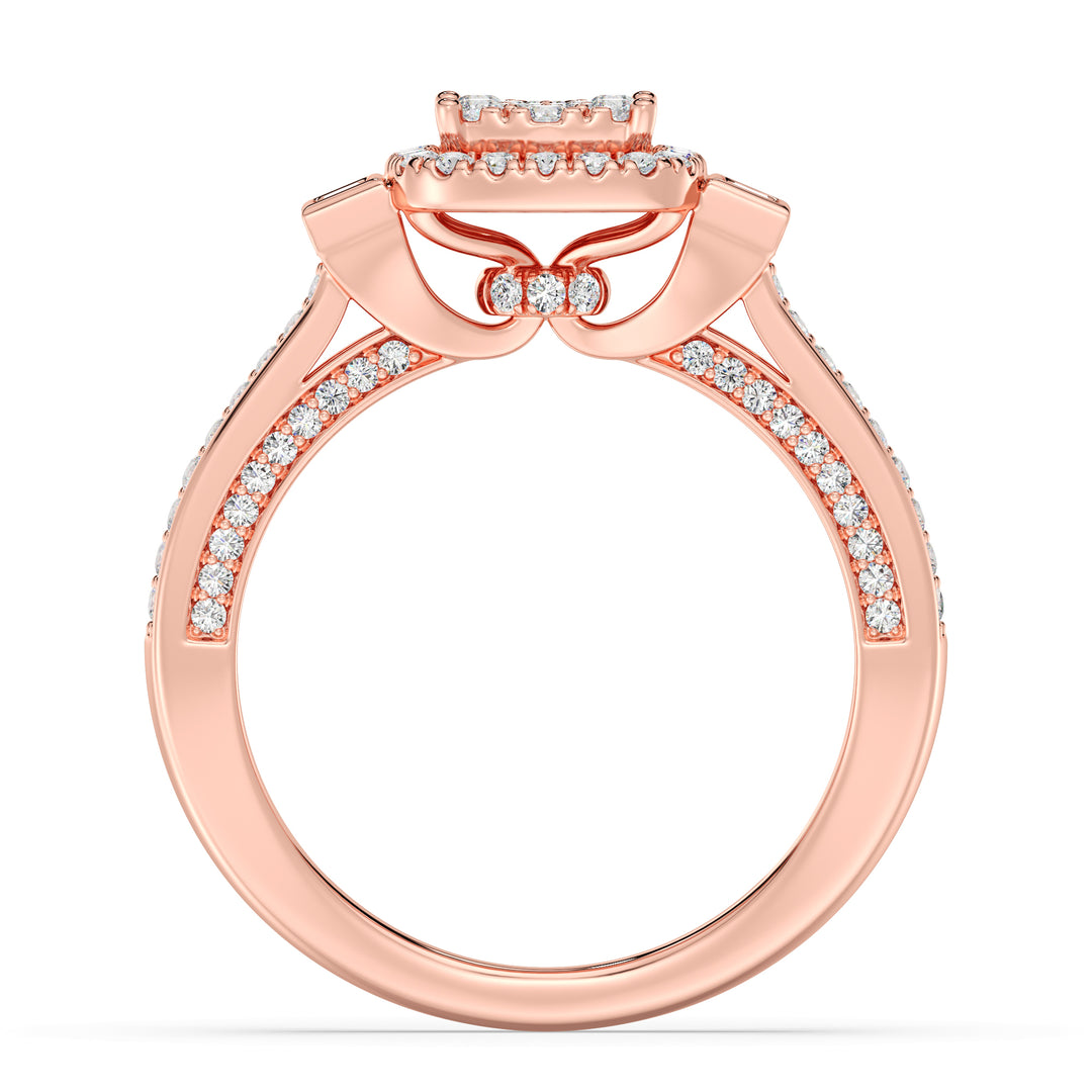 Close-up image of a 0.84 CTTW Round and Baguette EF-VS Lab-Grown Diamond Square Cluster Halo Engagement Ring in 18K Rose Gold. The dazzling diamonds are beautifully complemented by the romantic rose gold band.