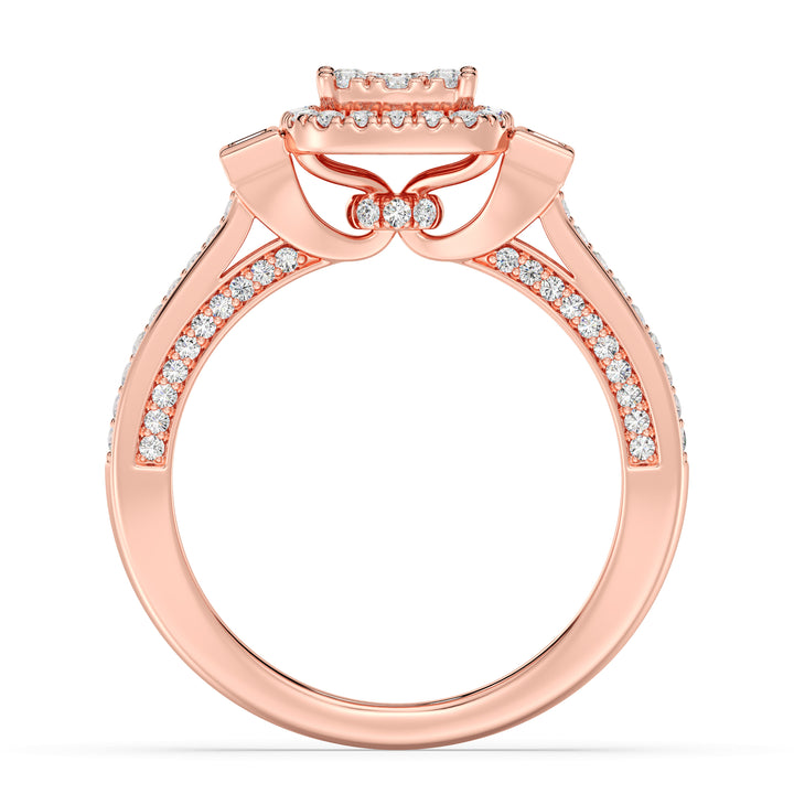Close-up image of a 0.84 CTTW Round and Baguette EF-VS Lab-Grown Diamond Square Cluster Halo Engagement Ring in 18K Rose Gold. The dazzling diamonds are beautifully complemented by the romantic rose gold band.
