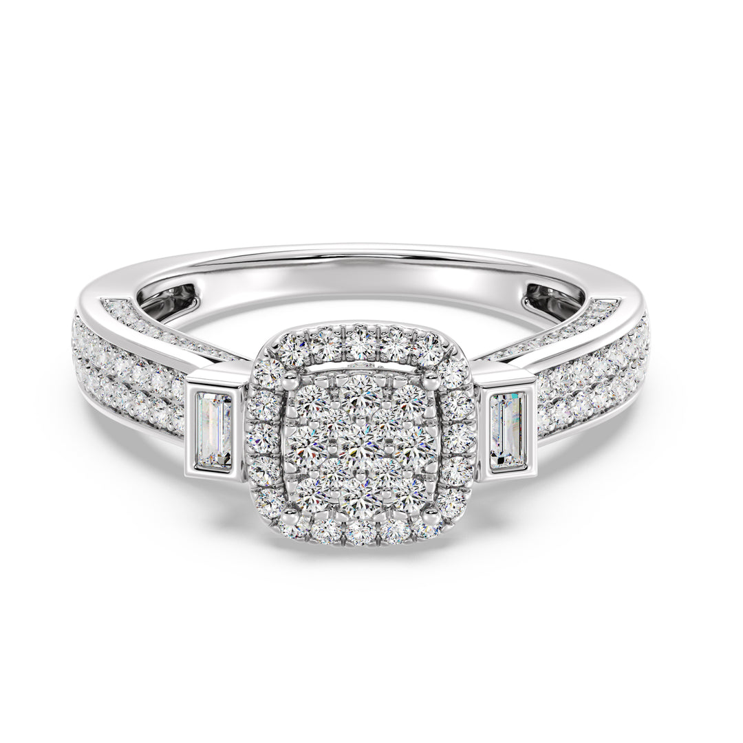 Close-up image of a 0.84 CTTW Round and Baguette EF-VS Lab-Grown Diamond Square Cluster Halo Engagement Ring in 18K White Gold. The sparkling diamonds are set against a sleek and sophisticated white gold band.