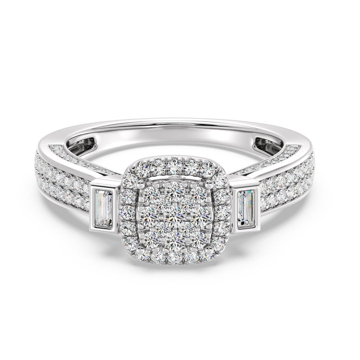 Close-up image of a 0.84 CTTW Round and Baguette EF-VS Lab-Grown Diamond Square Cluster Halo Engagement Ring in 18K White Gold. The sparkling diamonds are set against a sleek and sophisticated white gold band.