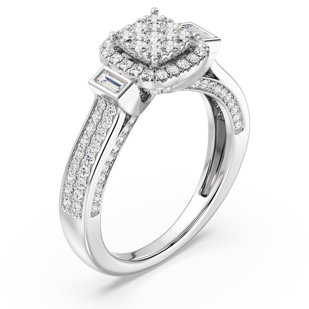 Close-up image of a 0.84 CTTW Round and Baguette EF-VS Lab-Grown Diamond Square Cluster Halo Engagement Ring in 18K White Gold. The sparkling diamonds are set against a sleek and sophisticated white gold band.