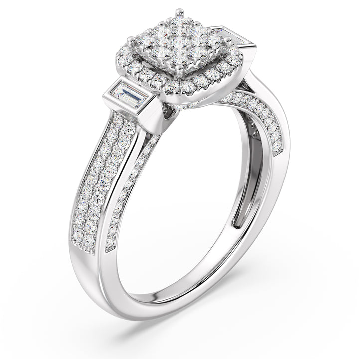 Close-up image of a 0.84 CTTW Round and Baguette EF-VS Lab-Grown Diamond Square Cluster Halo Engagement Ring in 18K White Gold. The sparkling diamonds are set against a sleek and sophisticated white gold band.