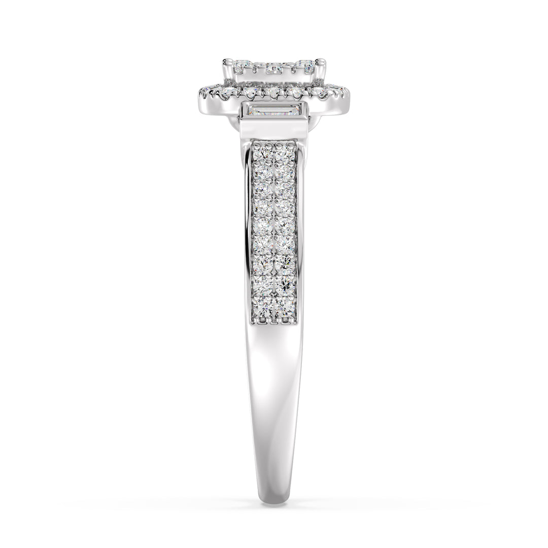Close-up image of a 0.84 CTTW Round and Baguette EF-VS Lab-Grown Diamond Square Cluster Halo Engagement Ring in 18K White Gold. The sparkling diamonds are set against a sleek and sophisticated white gold band.