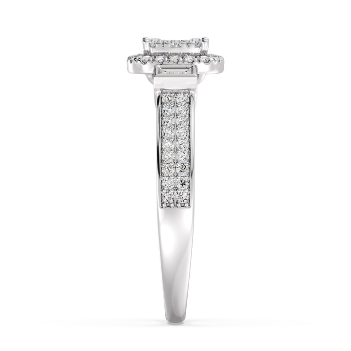 Close-up image of a 0.84 CTTW Round and Baguette EF-VS Lab-Grown Diamond Square Cluster Halo Engagement Ring in 18K White Gold. The sparkling diamonds are set against a sleek and sophisticated white gold band.