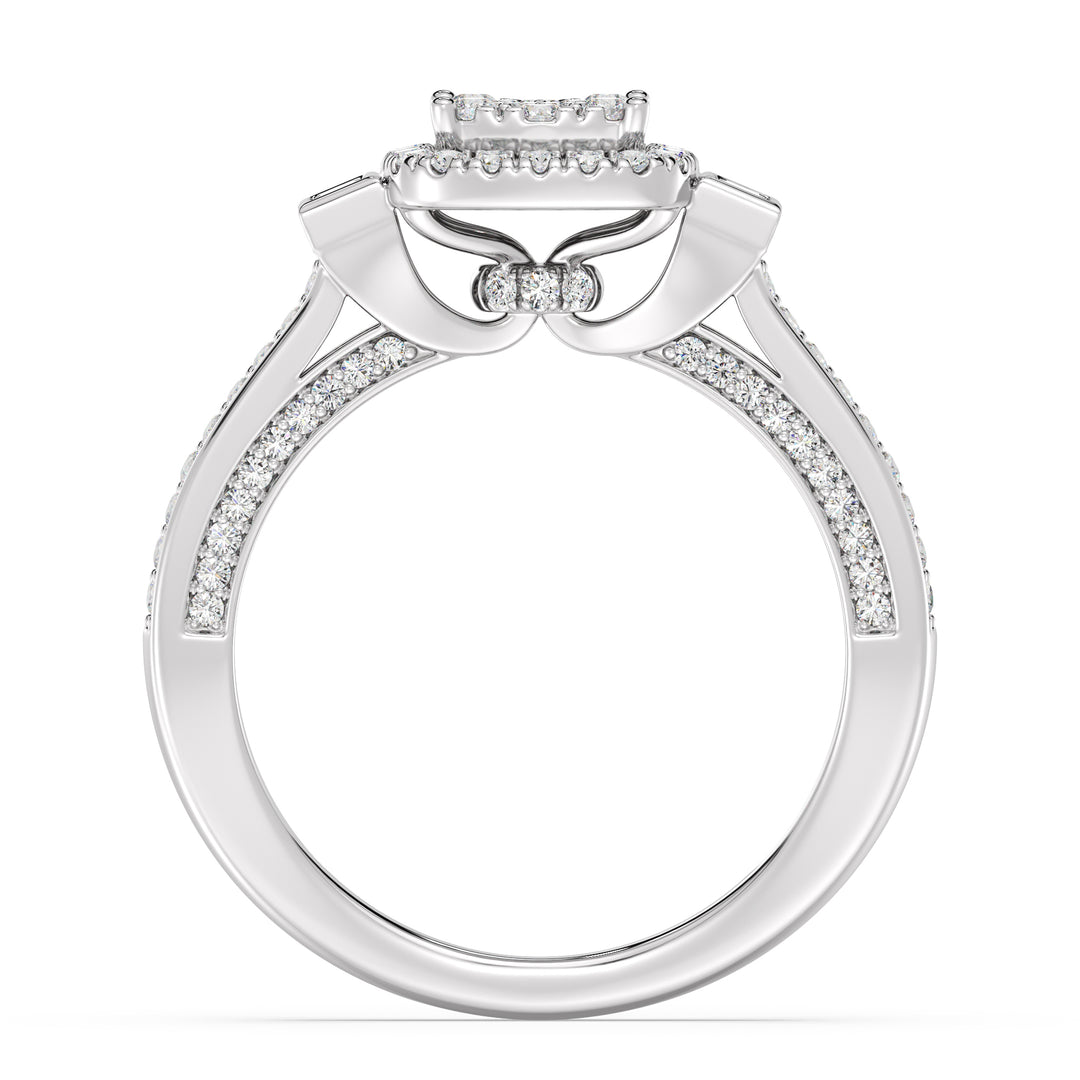 Close-up image of a 0.84 CTTW Round and Baguette EF-VS Lab-Grown Diamond Square Cluster Halo Engagement Ring in 18K White Gold. The sparkling diamonds are set against a sleek and sophisticated white gold band.