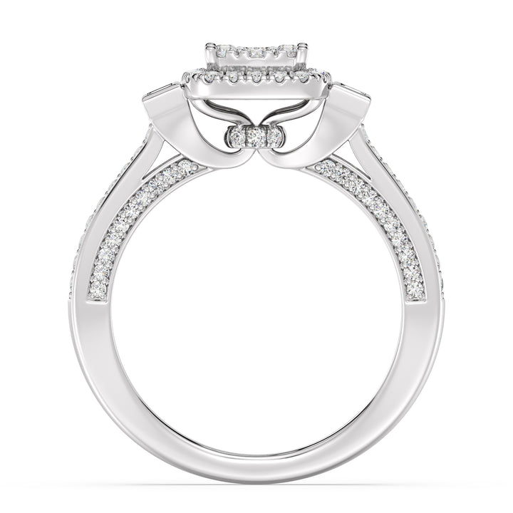 Close-up image of a 0.84 CTTW Round and Baguette EF-VS Lab-Grown Diamond Square Cluster Halo Engagement Ring in 18K White Gold. The sparkling diamonds are set against a sleek and sophisticated white gold band.