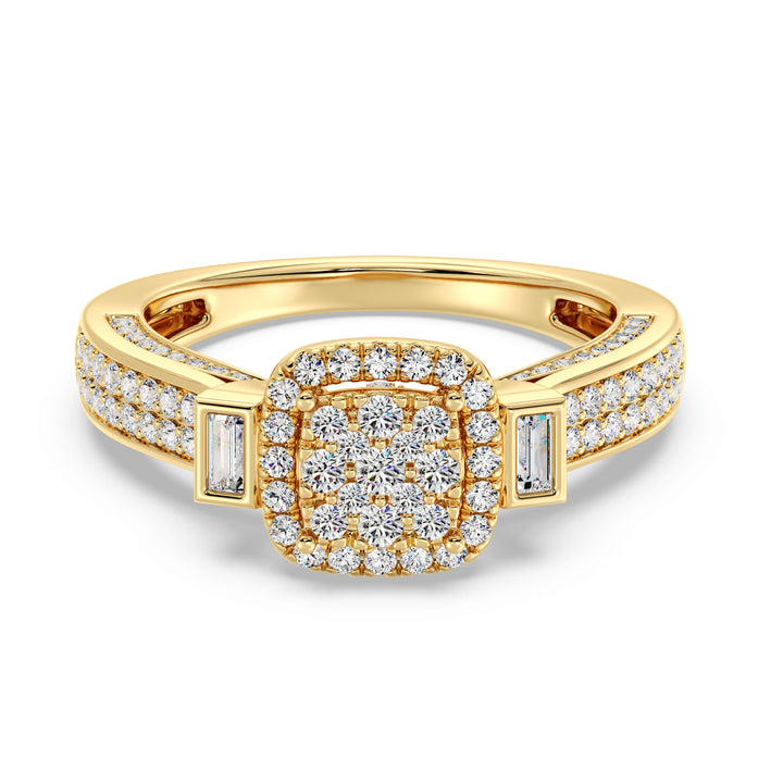 Close-up image of a 0.84 CTTW Round and Baguette EF-VS Lab-Grown Diamond Square Cluster Halo Engagement Ring in 18K Yellow Gold. The radiant diamonds are set on a luxurious yellow gold band, showcasing timeless elegance.