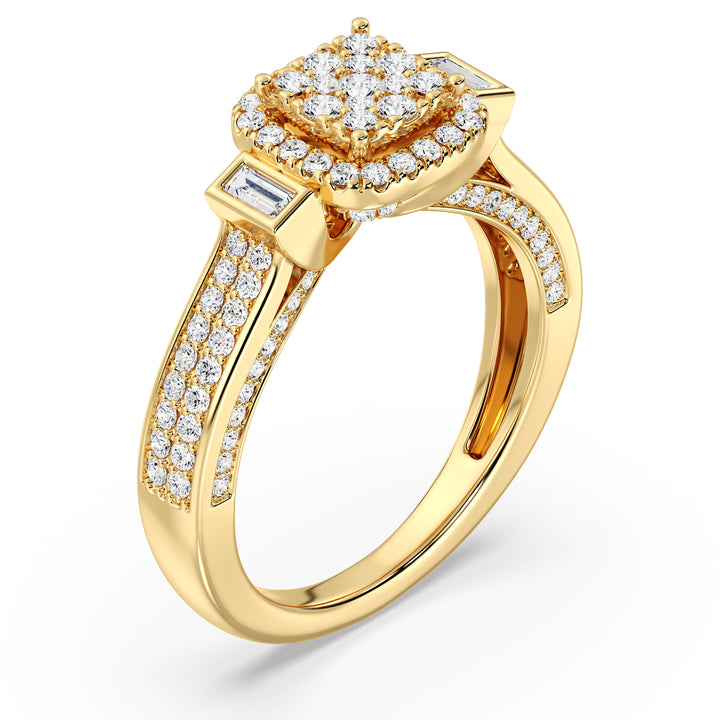 Close-up image of a 0.84 CTTW Round and Baguette EF-VS Lab-Grown Diamond Square Cluster Halo Engagement Ring in 18K Yellow Gold. The radiant diamonds are set on a luxurious yellow gold band, showcasing timeless elegance.