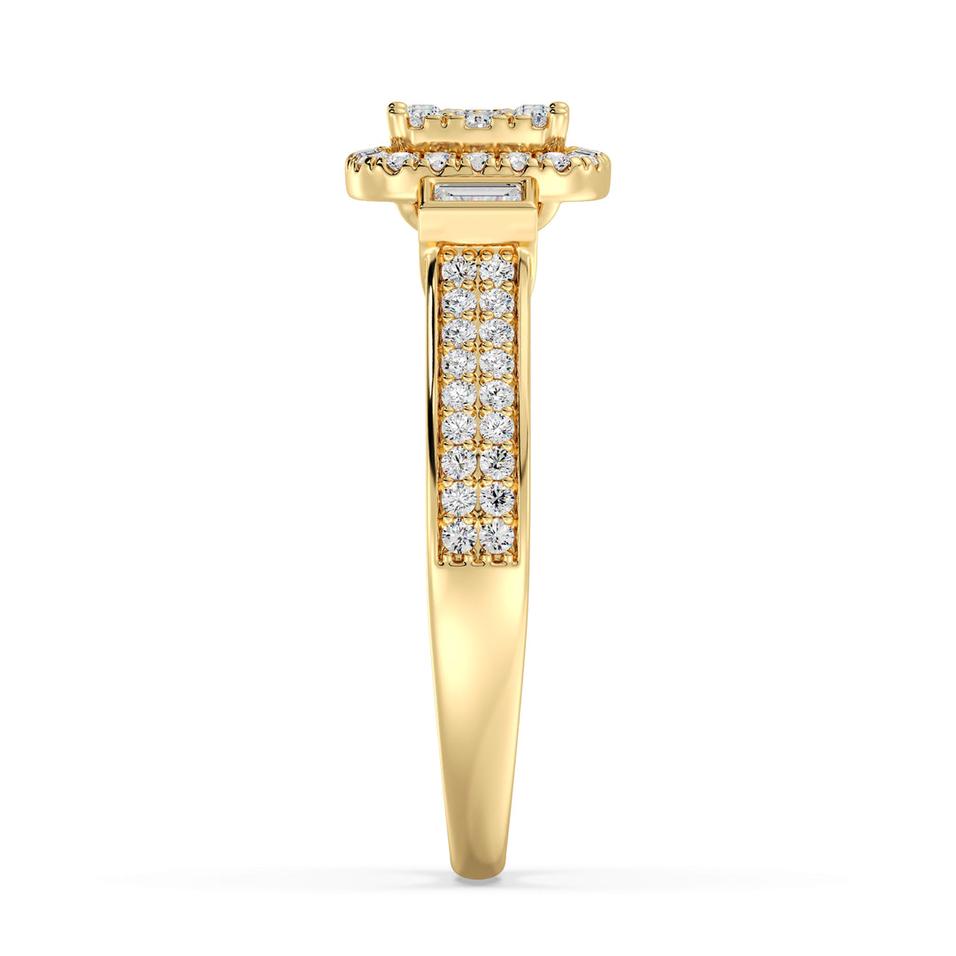 Close-up image of a 0.84 CTTW Round and Baguette EF-VS Lab-Grown Diamond Square Cluster Halo Engagement Ring in 18K Yellow Gold. The radiant diamonds are set on a luxurious yellow gold band, showcasing timeless elegance.