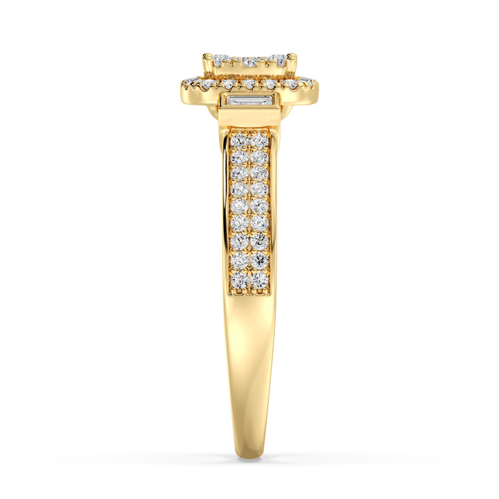 Close-up image of a 0.84 CTTW Round and Baguette EF-VS Lab-Grown Diamond Square Cluster Halo Engagement Ring in 18K Yellow Gold. The radiant diamonds are set on a luxurious yellow gold band, showcasing timeless elegance.