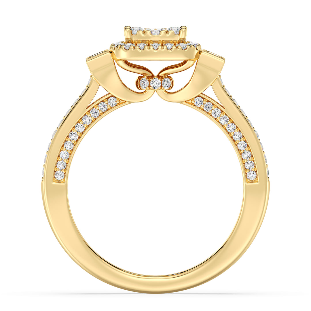 Close-up image of a 0.84 CTTW Round and Baguette EF-VS Lab-Grown Diamond Square Cluster Halo Engagement Ring in 18K Yellow Gold. The radiant diamonds are set on a luxurious yellow gold band, showcasing timeless elegance.