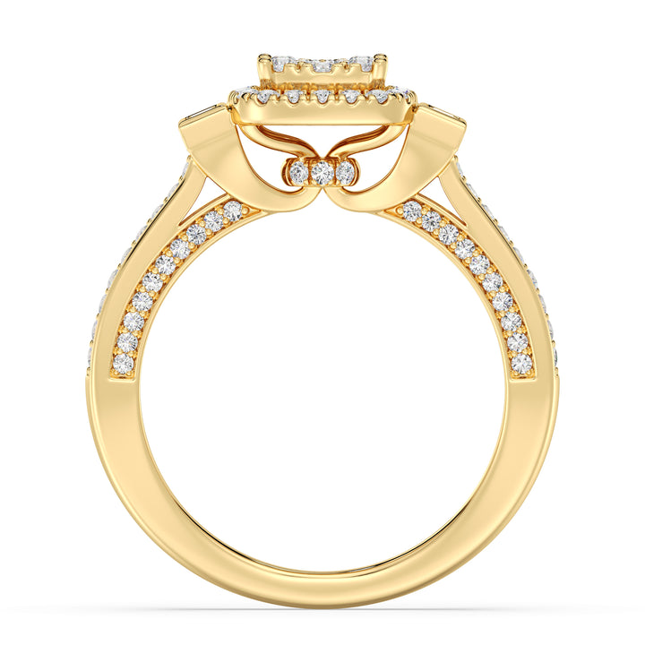 Close-up image of a 0.84 CTTW Round and Baguette EF-VS Lab-Grown Diamond Square Cluster Halo Engagement Ring in 18K Yellow Gold. The radiant diamonds are set on a luxurious yellow gold band, showcasing timeless elegance.