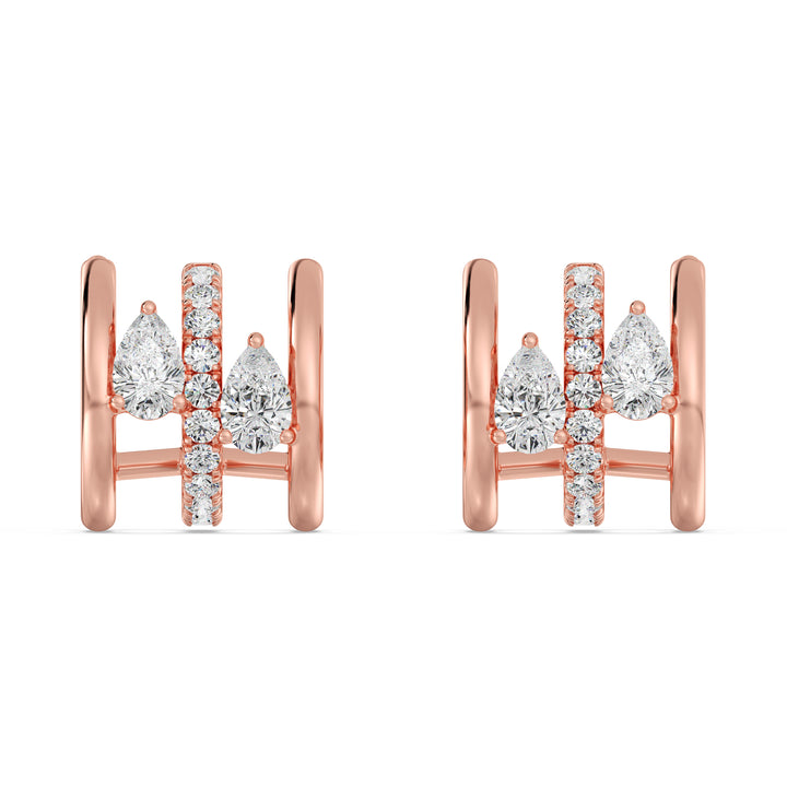 Rose Gold 18K Triple Hoop Huggie Earrings embellished with lab-grown pear and round-cut diamonds, showcasing a warm and elegant finish with a secure closure