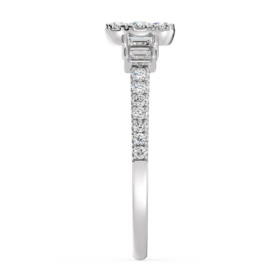 18K white gold engagement ring adorned with 0.57 carats of lab-grown round and baguette diamonds, exuding classic elegance and sparkle
