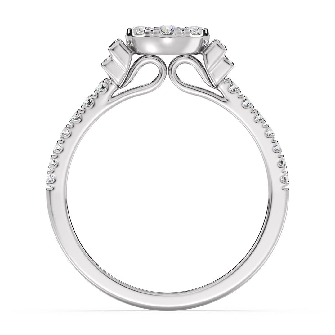 18K white gold engagement ring adorned with 0.57 carats of lab-grown round and baguette diamonds, exuding classic elegance and sparkle