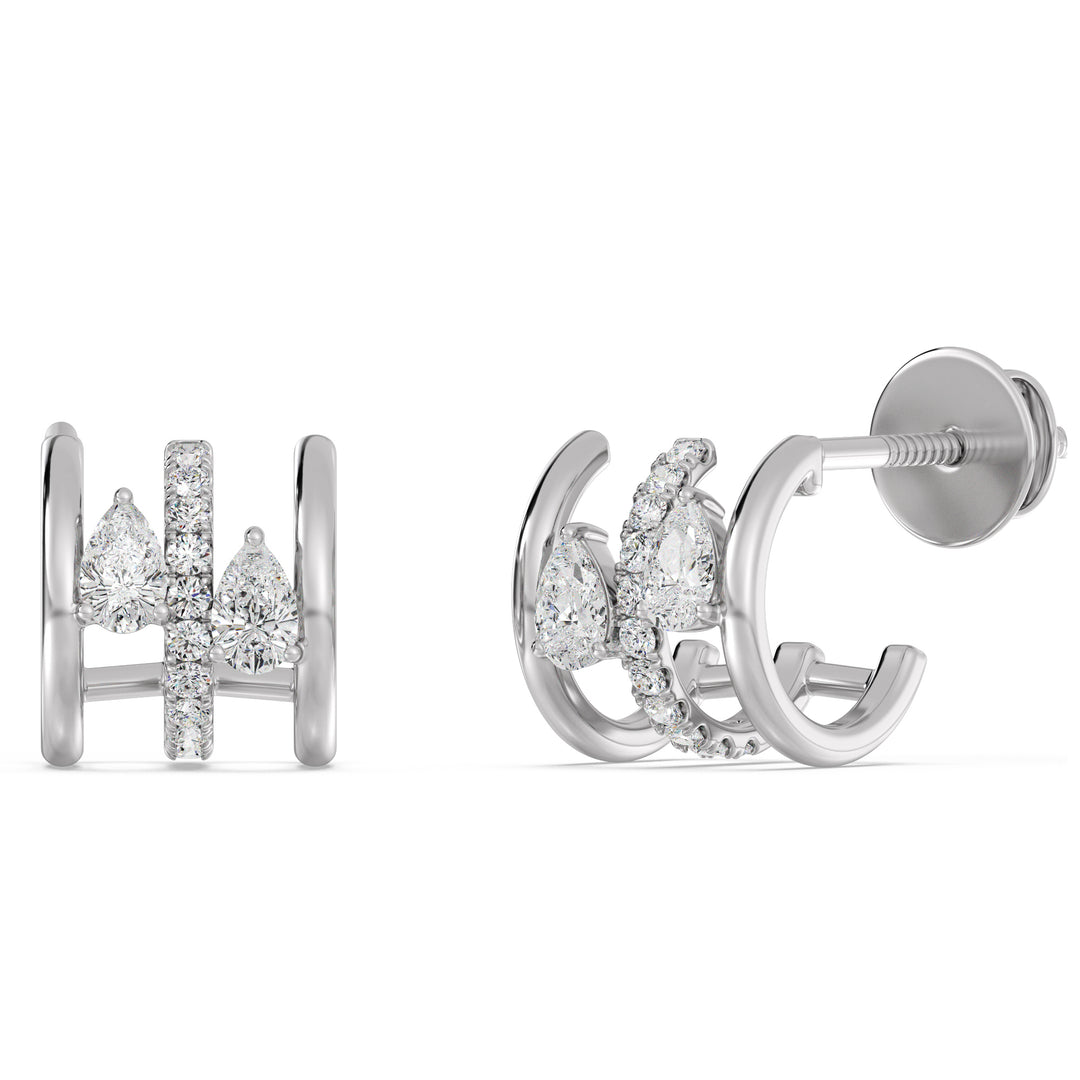 White Gold 18K Triple Hoop Huggie Earrings highlighted by lab-grown pear and round-cut diamonds, offering a sleek and modern aesthetic with a secure closure