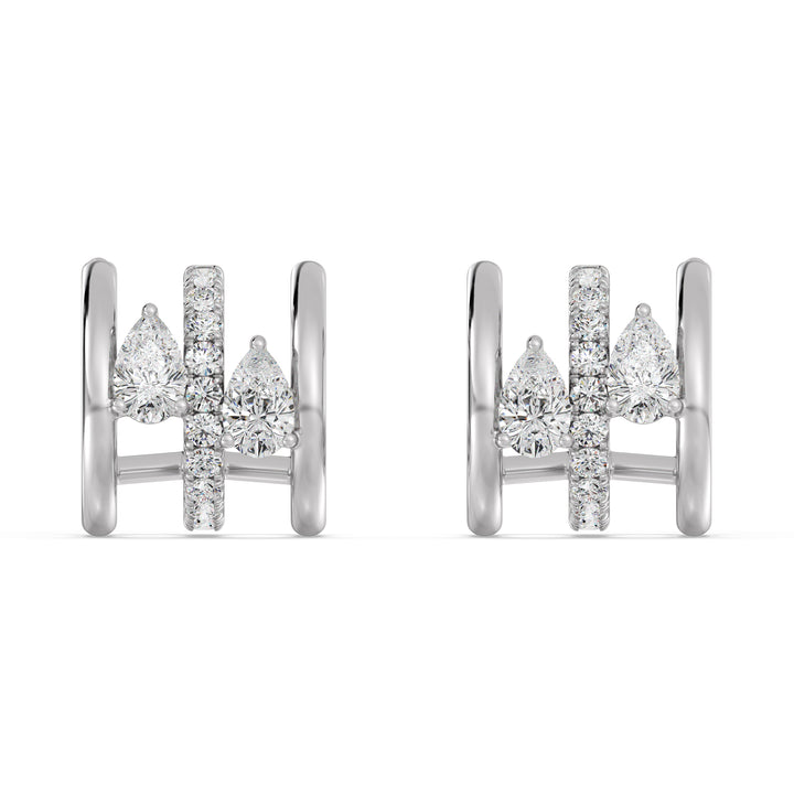 White Gold 18K Triple Hoop Huggie Earrings highlighted by lab-grown pear and round-cut diamonds, offering a sleek and modern aesthetic with a secure closure