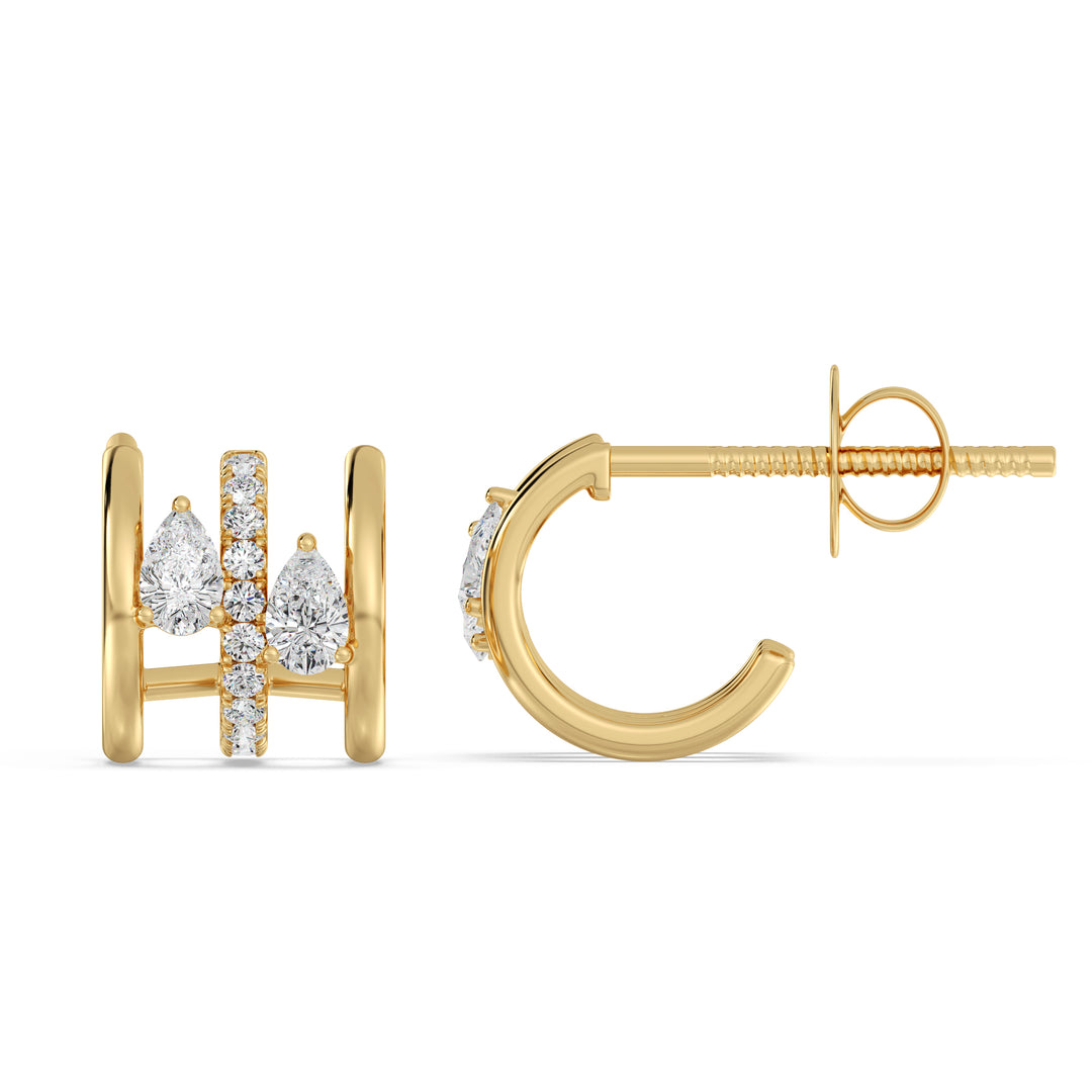 Yellow Gold 18K Triple Hoop Huggie Earrings adorned with lab-grown pear and round-cut diamonds, featuring a secure closure and a timeless, sophisticated design