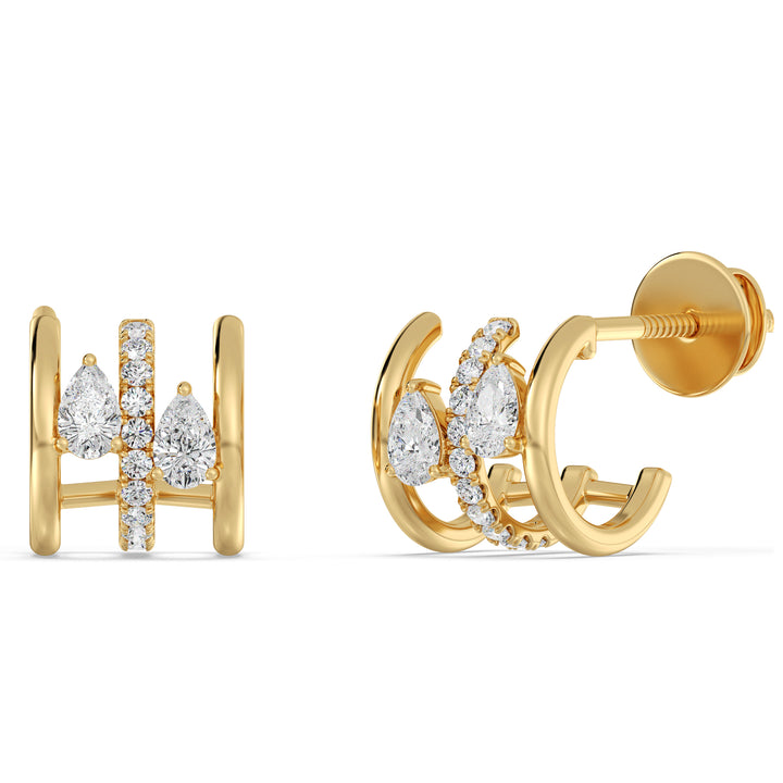 Yellow Gold 18K Triple Hoop Huggie Earrings adorned with lab-grown pear and round-cut diamonds, featuring a secure closure and a timeless, sophisticated design