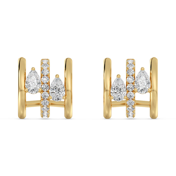 Yellow Gold 18K Triple Hoop Huggie Earrings adorned with lab-grown pear and round-cut diamonds, featuring a secure closure and a timeless, sophisticated design