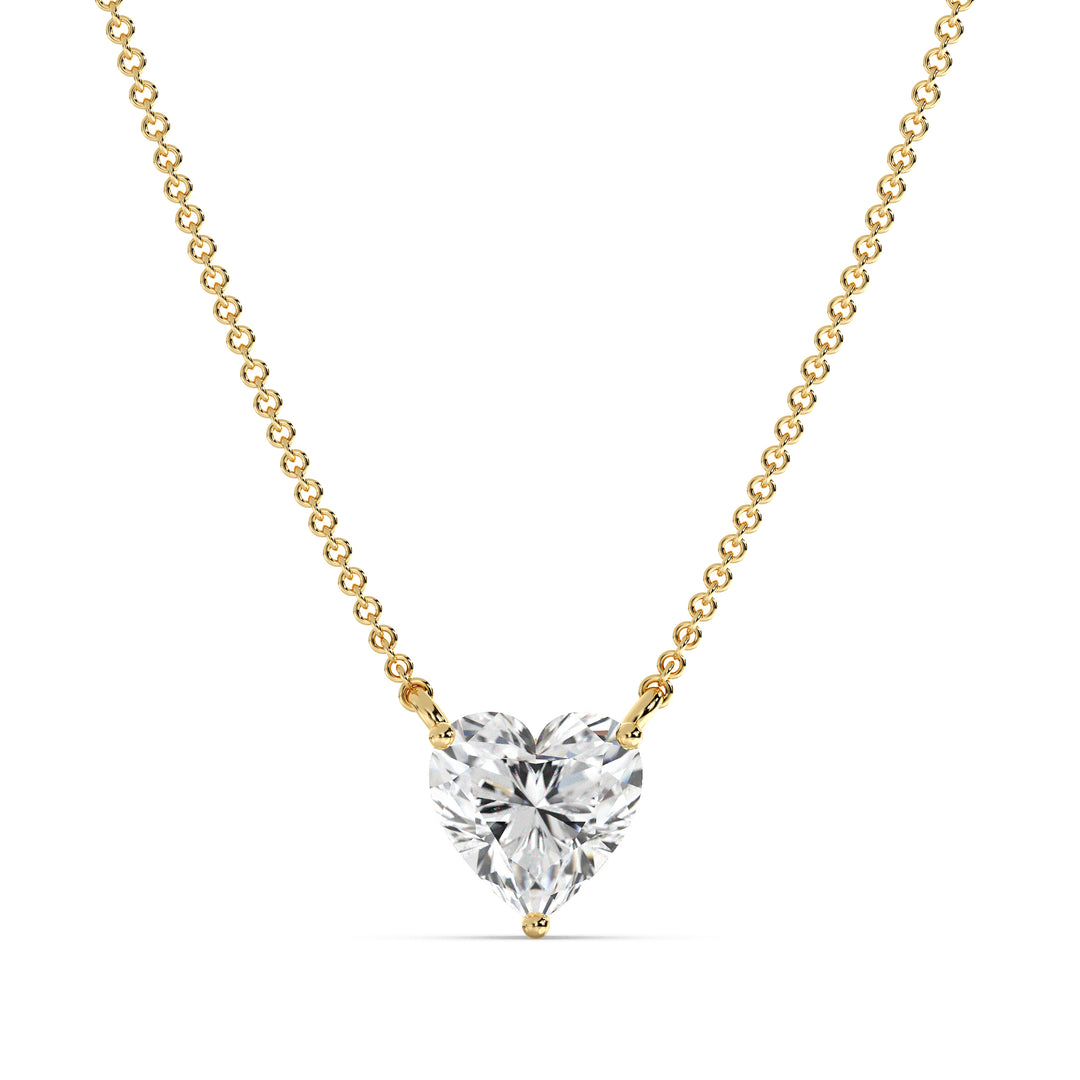 An image of the 2.00 Carat Heart-Shaped Lab-Grown Diamond Solitaire Pendant Necklace in 18K Yellow Gold. The pendant features a dazzling IGI Certified heart-cut diamond with E color and VS clarity, set in a secure prong setting, paired with a delicate chain for a timeless and elegant look