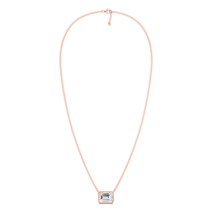 2.00ct Emerald-Cut Lab-Grown Diamond Solitaire Pendant Necklace in 18K Rose Gold, showcasing a romantic pink hue with a bezel setting and elegant chain