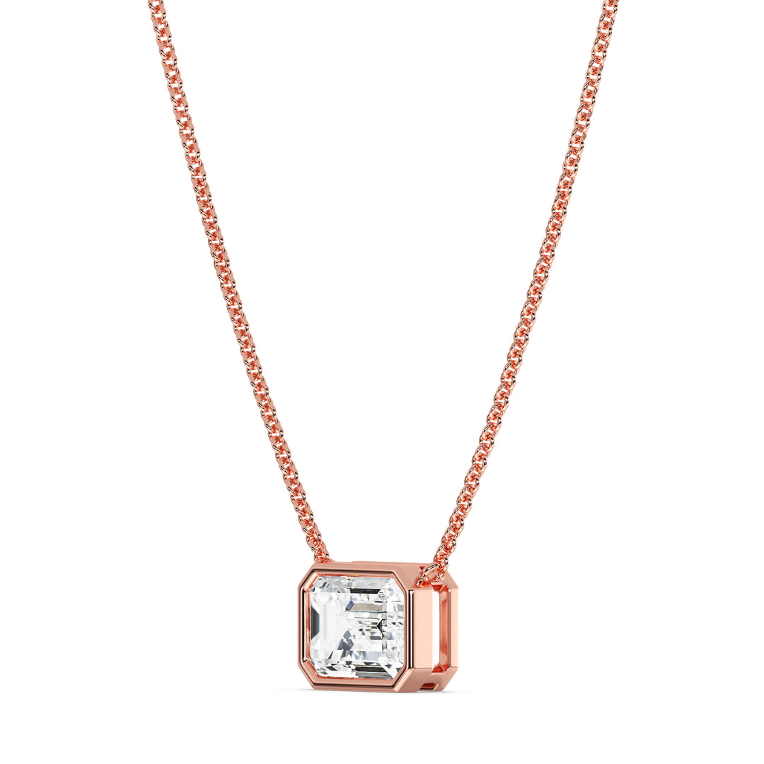 2.00ct Emerald-Cut Lab-Grown Diamond Solitaire Pendant Necklace in 18K Rose Gold, showcasing a romantic pink hue with a bezel setting and elegant chain