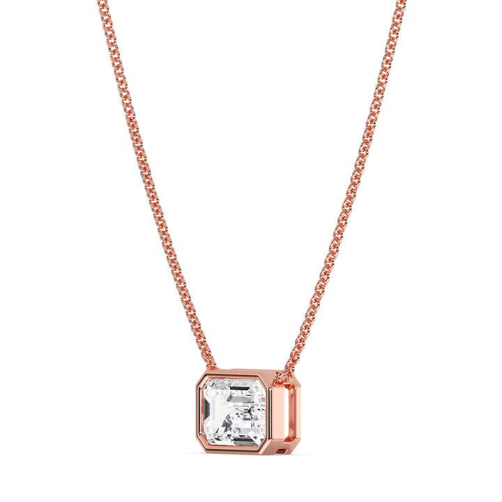 2.00ct Emerald-Cut Lab-Grown Diamond Solitaire Pendant Necklace in 18K Rose Gold, showcasing a romantic pink hue with a bezel setting and elegant chain