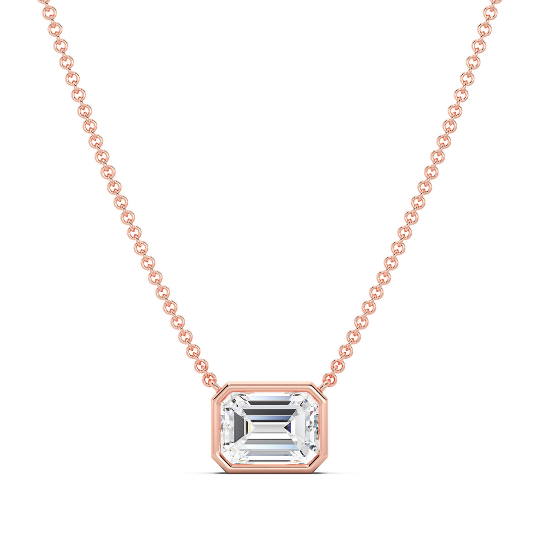 2.00ct Emerald-Cut Lab-Grown Diamond Solitaire Pendant Necklace in 18K Rose Gold, showcasing a romantic pink hue with a bezel setting and elegant chain