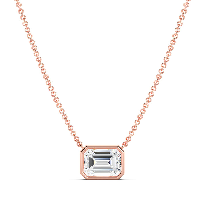 2.00ct Emerald-Cut Lab-Grown Diamond Solitaire Pendant Necklace in 18K Rose Gold, showcasing a romantic pink hue with a bezel setting and elegant chain