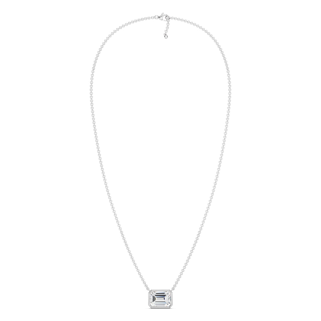 2.00ct Emerald-Cut Lab-Grown Diamond Solitaire Pendant Necklace in 18K White Gold, highlighting modern elegance with a sleek bezel setting and a sophisticated chain.