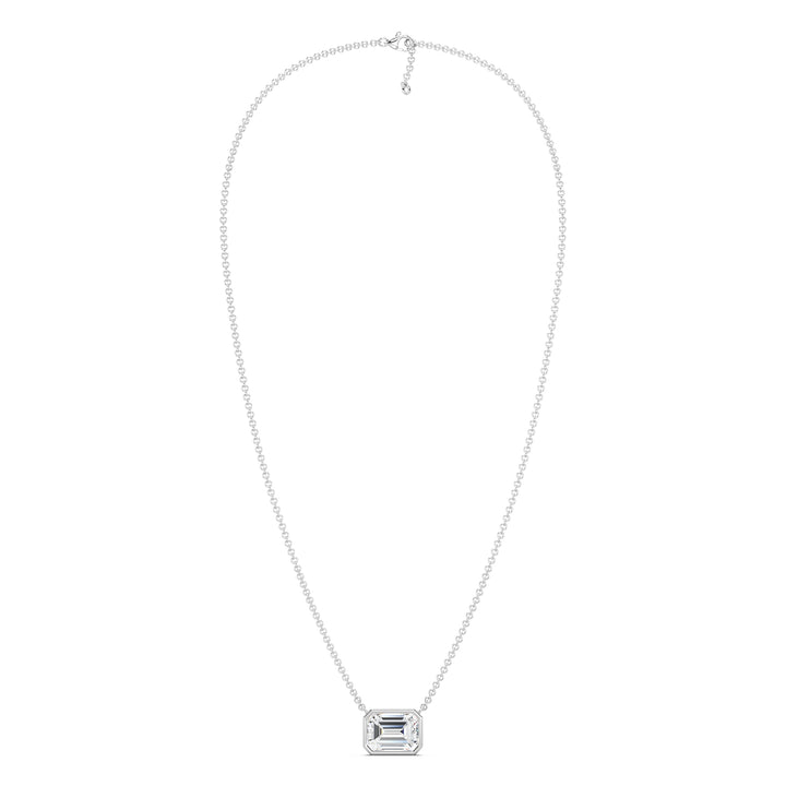2.00ct Emerald-Cut Lab-Grown Diamond Solitaire Pendant Necklace in 18K White Gold, highlighting modern elegance with a sleek bezel setting and a sophisticated chain.