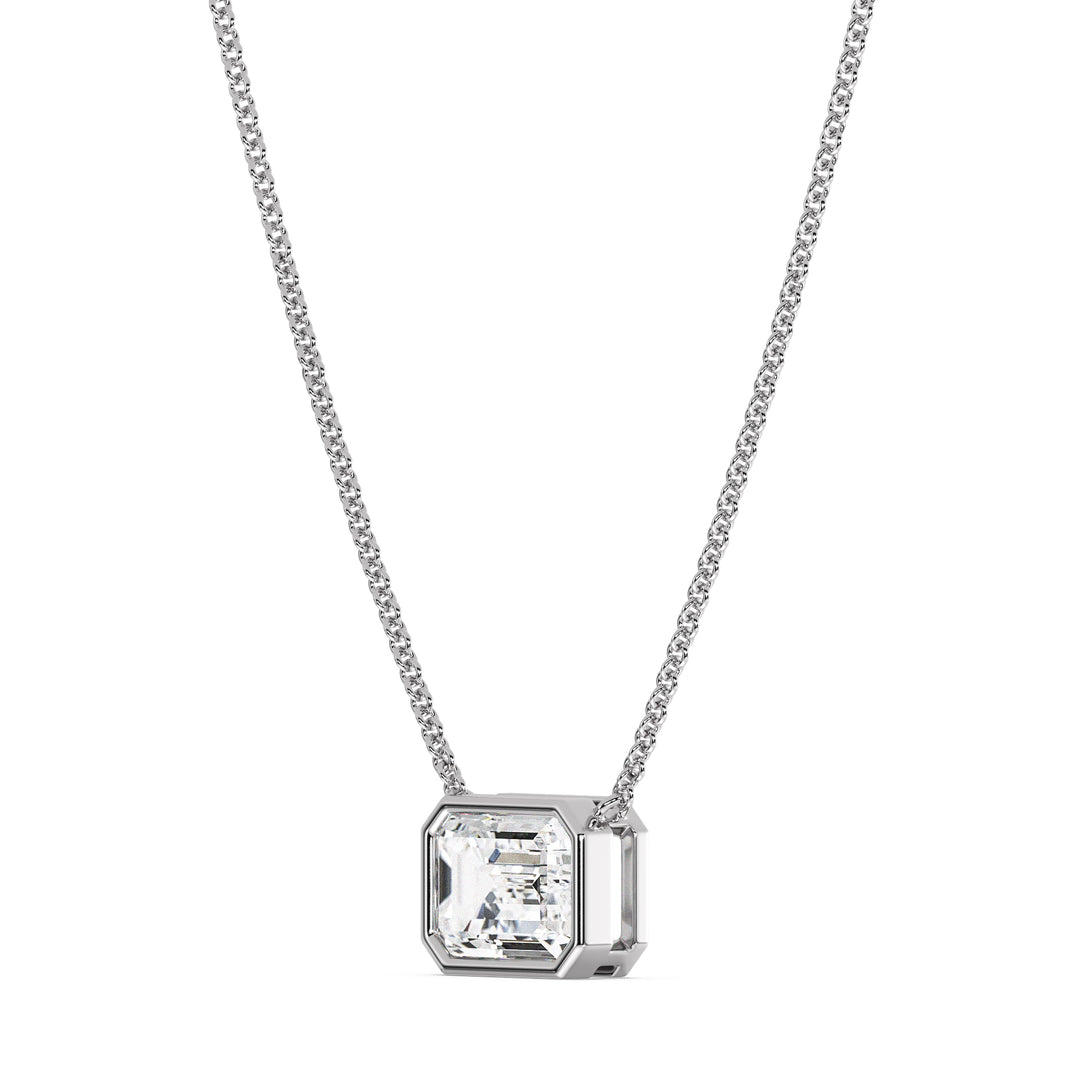 2.00ct Emerald-Cut Lab-Grown Diamond Solitaire Pendant Necklace in 18K White Gold, highlighting modern elegance with a sleek bezel setting and a sophisticated chain.