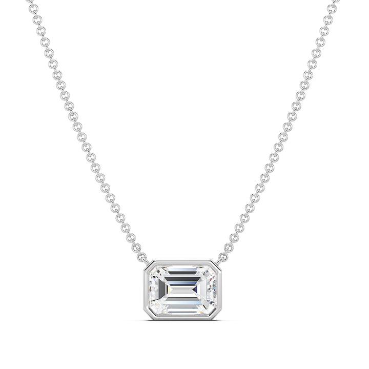 2.00ct Emerald-Cut Lab-Grown Diamond Solitaire Pendant Necklace in 18K White Gold, highlighting modern elegance with a sleek bezel setting and a sophisticated chain.