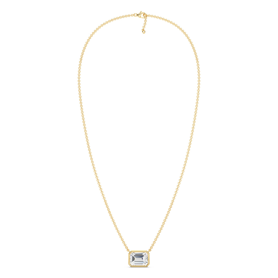 2.00ct Emerald-Cut Lab-Grown Diamond Solitaire Pendant Necklace in 18K Yellow Gold, featuring a bezel setting and a classic gold chain.