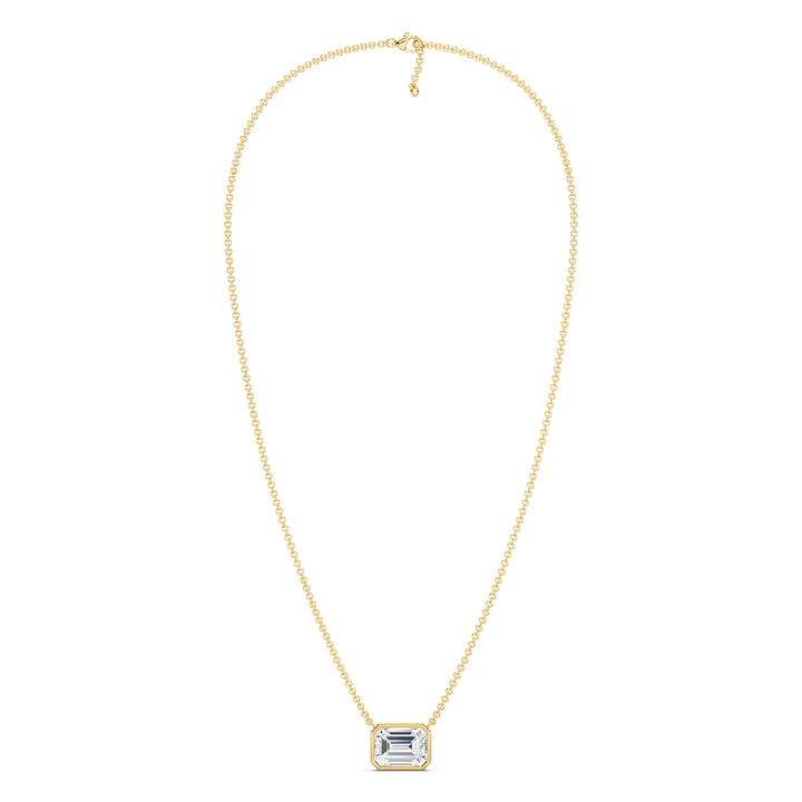 2.00ct Emerald-Cut Lab-Grown Diamond Solitaire Pendant Necklace in 18K Yellow Gold, featuring a bezel setting and a classic gold chain.