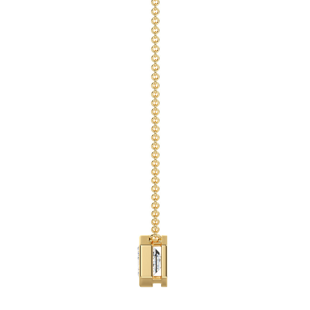 2.00ct Emerald-Cut Lab-Grown Diamond Solitaire Pendant Necklace in 18K Yellow Gold, featuring a bezel setting and a classic gold chain.