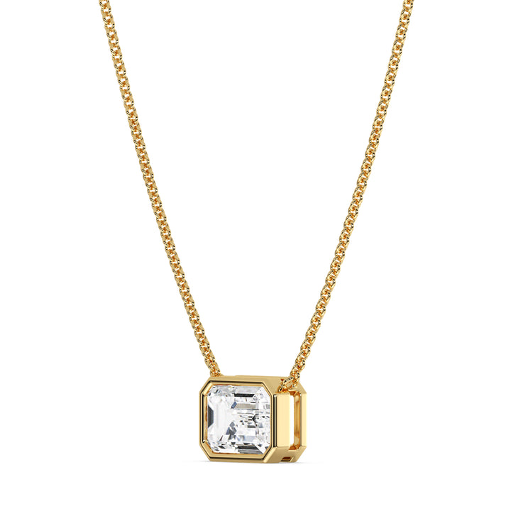 2.00ct Emerald-Cut Lab-Grown Diamond Solitaire Pendant Necklace in 18K Yellow Gold, featuring a bezel setting and a classic gold chain.