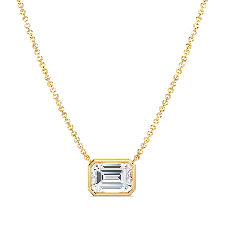 2.00ct Emerald-Cut Lab-Grown Diamond Solitaire Pendant Necklace in 18K Yellow Gold, featuring a bezel setting and a classic gold chain.
