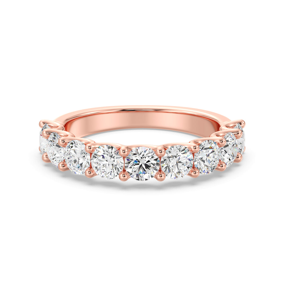 9-Stone Elegant Round-Cut Lab-Grown Diamond Scallop Half-Eternity Wedding Ring in 18K Rose Gold, showcasing radiant EF color VS clarity diamonds set in a warm and romantic shared prong scalloped band