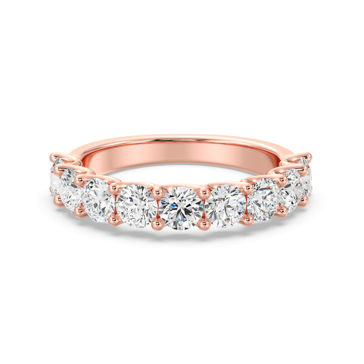9-Stone Elegant Round-Cut Lab-Grown Diamond Scallop Half-Eternity Wedding Ring in 18K Rose Gold, showcasing radiant EF color VS clarity diamonds set in a warm and romantic shared prong scalloped band