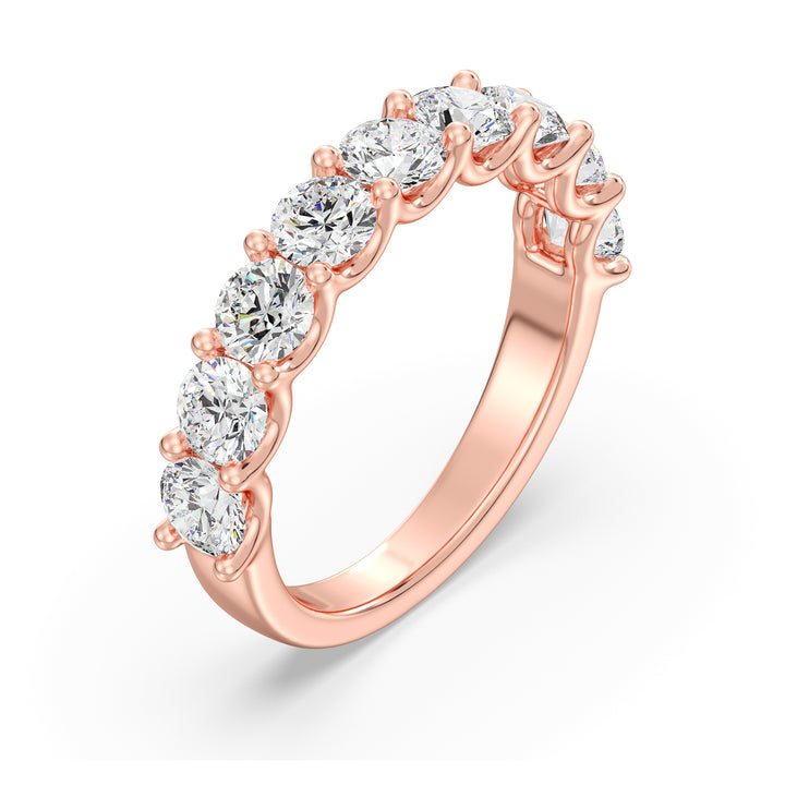 9-Stone Elegant Round-Cut Lab-Grown Diamond Scallop Half-Eternity Wedding Ring in 18K Rose Gold, showcasing radiant EF color VS clarity diamonds set in a warm and romantic shared prong scalloped band