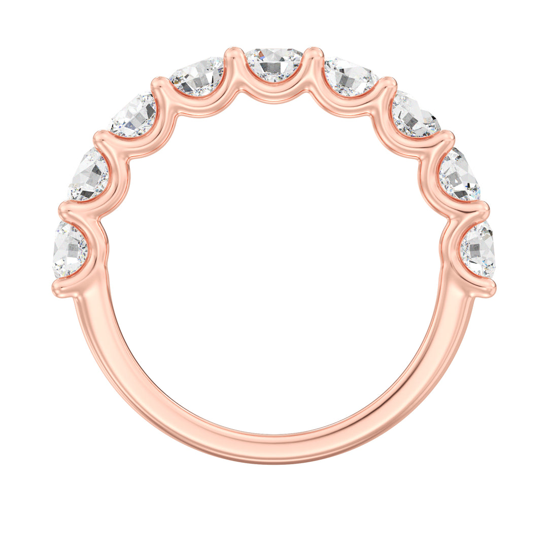 9-Stone Elegant Round-Cut Lab-Grown Diamond Scallop Half-Eternity Wedding Ring in 18K Rose Gold, showcasing radiant EF color VS clarity diamonds set in a warm and romantic shared prong scalloped band