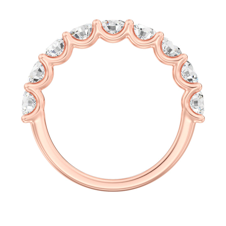 9-Stone Elegant Round-Cut Lab-Grown Diamond Scallop Half-Eternity Wedding Ring in 18K Rose Gold, showcasing radiant EF color VS clarity diamonds set in a warm and romantic shared prong scalloped band