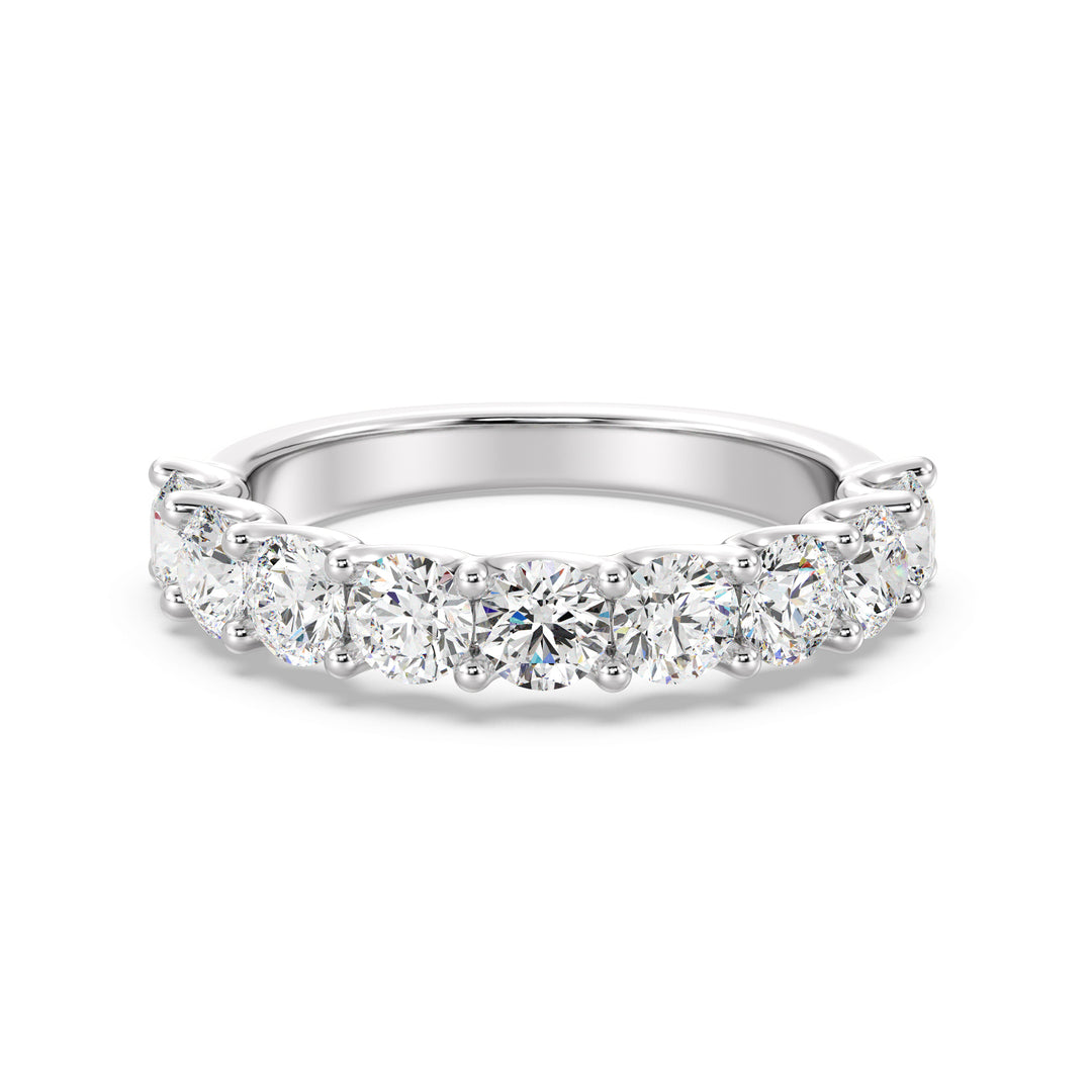 9-Stone Elegant Round-Cut Lab-Grown Diamond Scallop Half-Eternity Wedding Ring in 18K White Gold, highlighting brilliant EF color VS clarity diamonds in a modern and sophisticated shared prong scalloped band